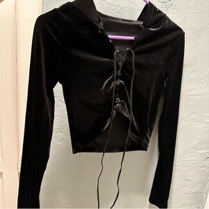 Iheartraves velvet cropped black long sleeve w/ hood & self-tie design size M
